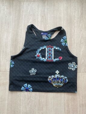 Champion Jewel Print Racerback Crop Top XL Gray Gem Crown Logo Built-In Bra